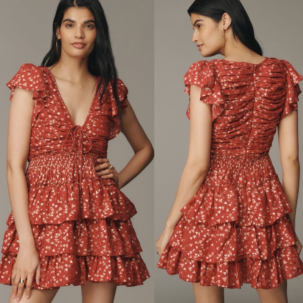 NWT By Anthropologie Short-Sleeve Ruffled Mini Dress Sz M - Picture 10 of 10